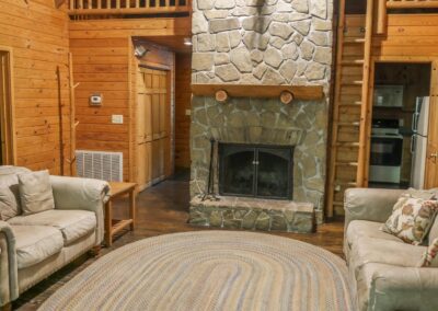 living area and fireplace in riverfront cabin